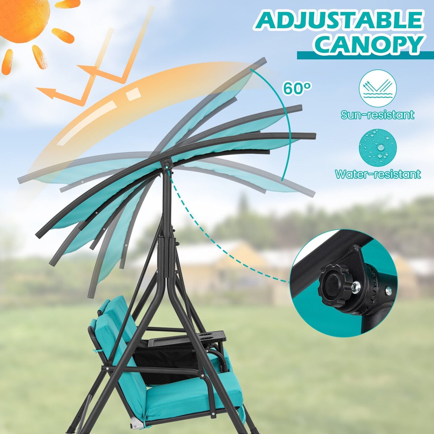 Porch Swing Chair with Adjustable Canopy, Turquoise