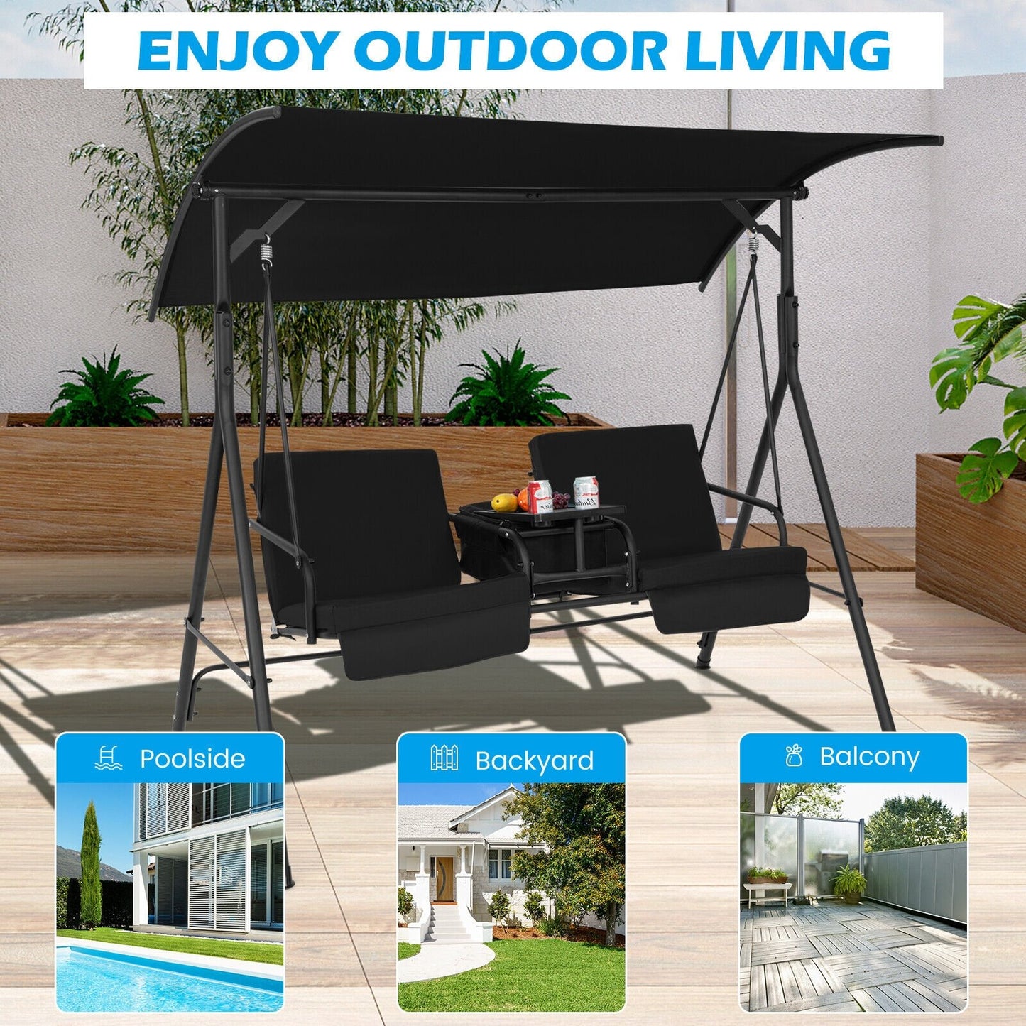 Porch Swing Chair with Adjustable Canopy, Black