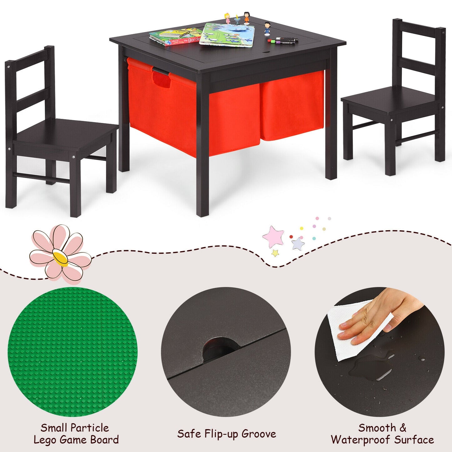 2-in-1 Kids Activity Table and 2 Chairs Set with Storage Building Block Table, Dark Brown Kids Table & Chair Sets at Gallery Canada