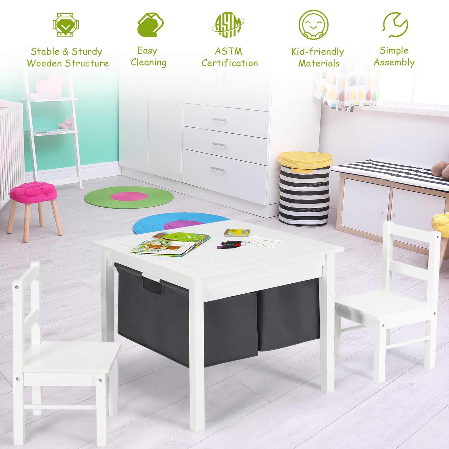 Kids Activity Table And 2 Chairs Set, Building Block Table With Storage, White Kids Table & Chair Sets at Gallery Canada