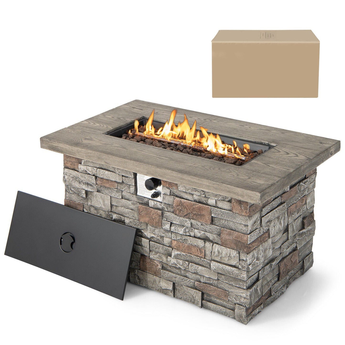 43.5 Inch Rectangle Faux Stone Propane Gas Fire Pit Table with Lava Rock and PVC Cover, Gray at Gallery Canada
