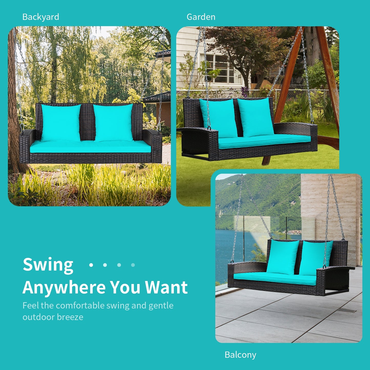 2-Person Rattan Porch Swing With Cushions, Turquoise Porch Swings at Gallery Canada