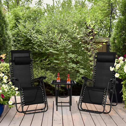 3 Pieces Folding Portable Zero Gravity Reclining Lounge Chairs Table Set, Black Patio Conversation Sets Black at Gallery Canada