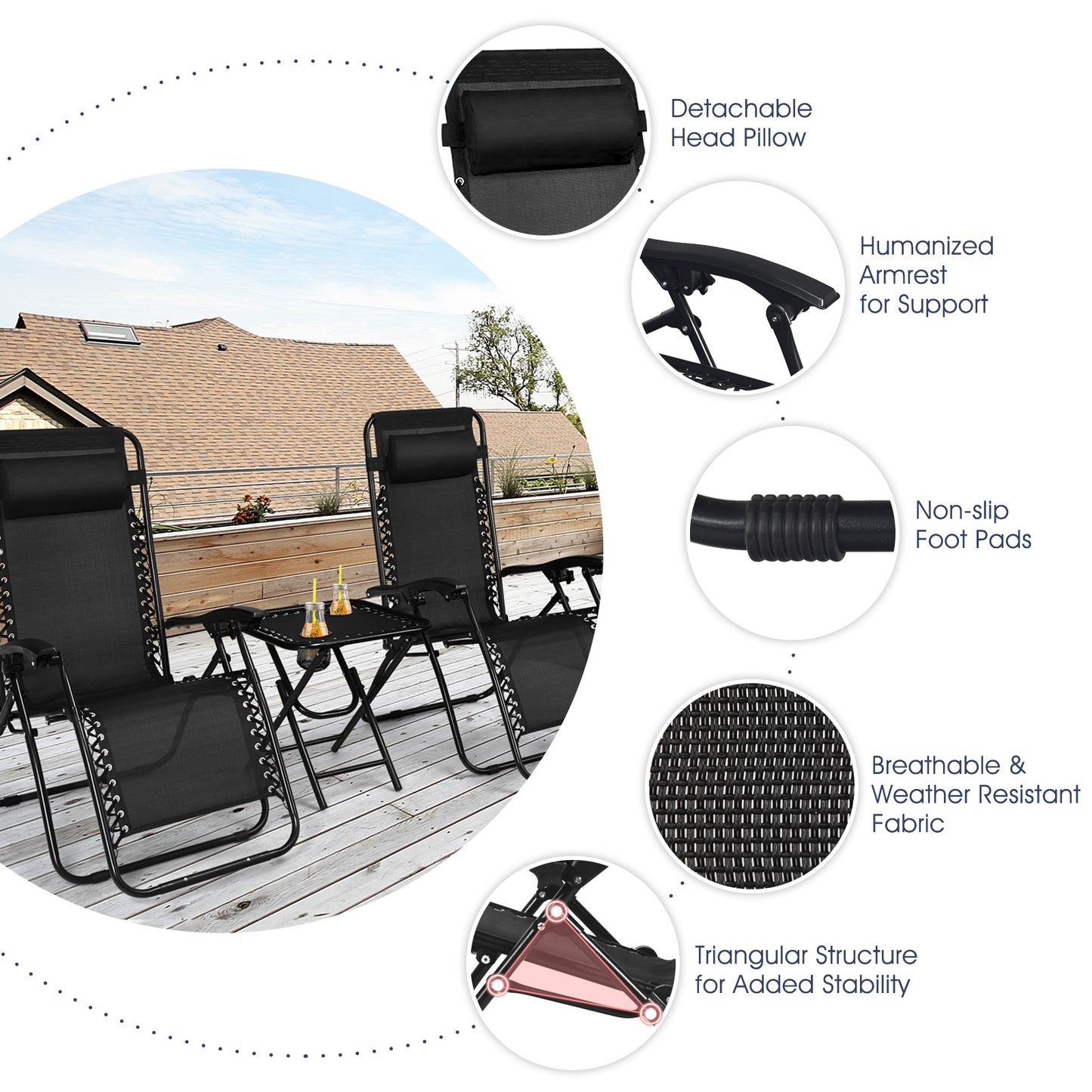 3 Pieces Folding Portable Zero Gravity Reclining Lounge Chairs Table Set, Black Patio Conversation Sets at Gallery Canada