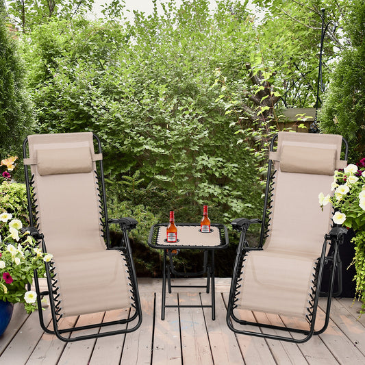 3 Pieces Folding Portable Zero Gravity Reclining Lounge Chairs Table Set, Beige Patio Conversation Sets Beige at Gallery Canada