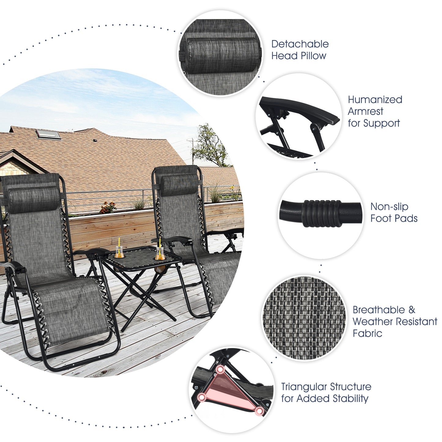 3 Pcs Folding Portable Zero Gravity Reclining Lounge Chairs Table, Gray Patio Conversation Sets at Gallery Canada