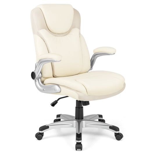 Ergonomic Office PU Leather Executive Chair with Flip-up Armrests and Rocking Function, White