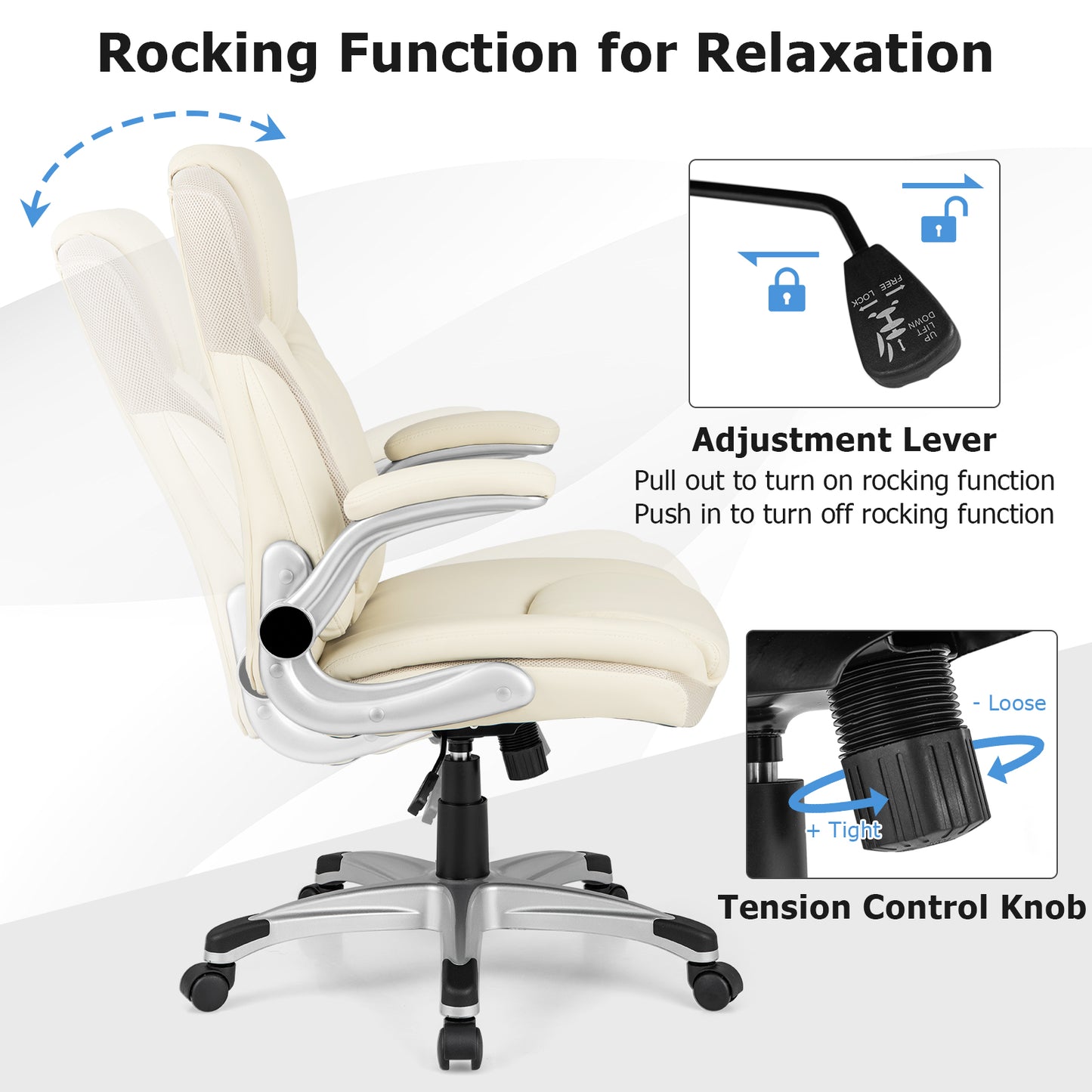Ergonomic PU Leather Executive Chair, Flip-Up Armrests, Rocking, White Executive Chairs at Gallery Canada