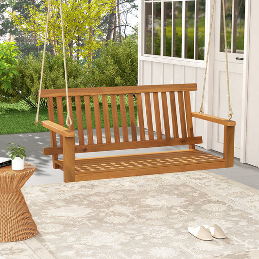 2-Seat Acacia Wood Porch Swing Bench, With Hanging Hemp Ropes, Natural Porch Swings Natural at Gallery Canada