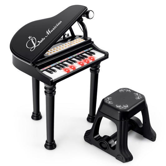 31 Keys Kids Piano Keyboard with Stool and Piano Lid, Black - Gallery Canada
