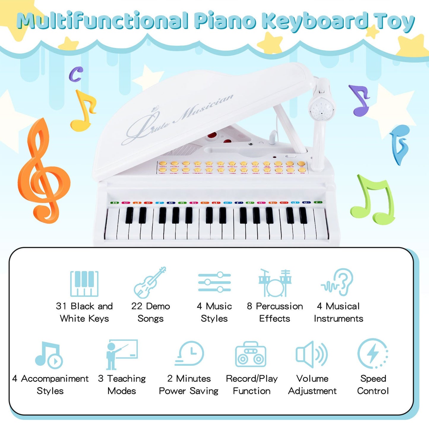 31 Keys Kids Piano Keyboard with Stool and Piano Lid, White