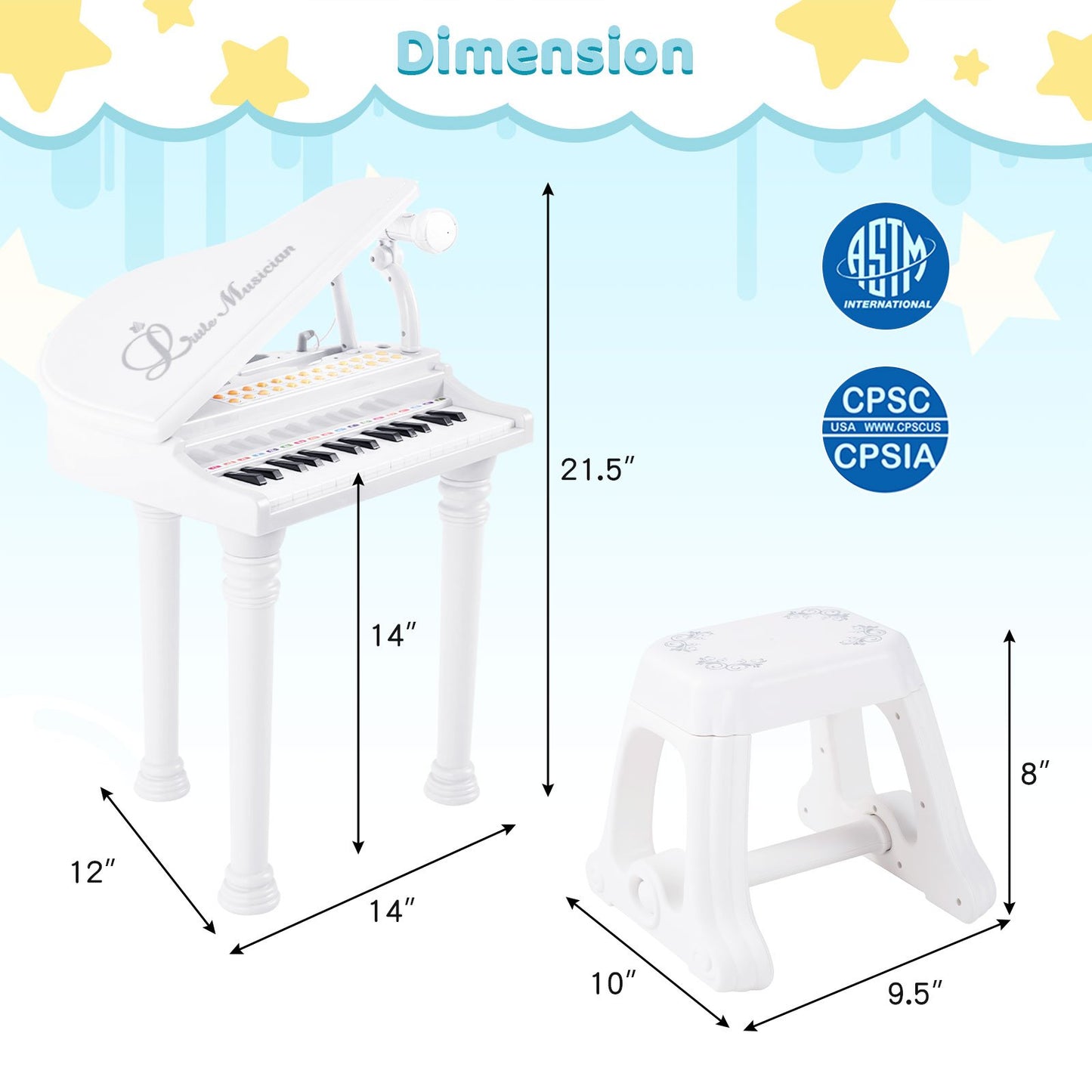 31 Keys Kids Piano Keyboard with Stool and Piano Lid, White at Gallery Canada