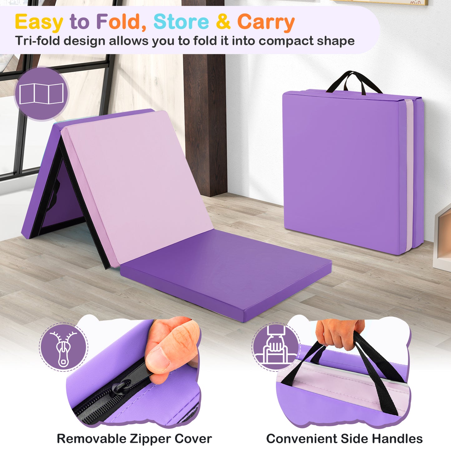 6 x 2 FT Tri-Fold Gym Mat with Handles and Removable Zippered Cover, Pink & Purple Yoga & Gym Mats at Gallery Canada