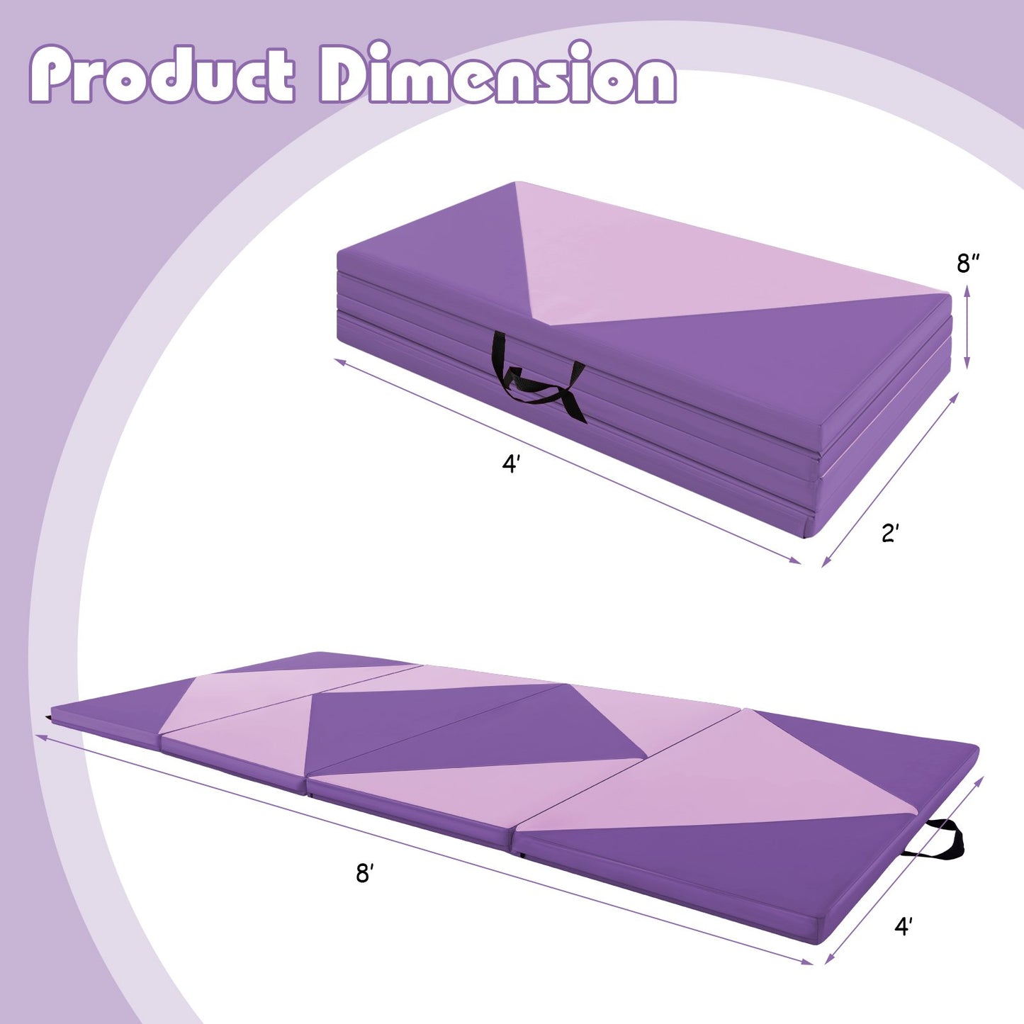 8 Feet PU Leather Folding Gymnastics Mat with Hook and Loop Fasteners, Pink & Purple
