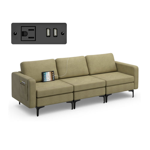 Convertible Leather Sofa Couch with Magazine Pockets 3-Seat with 2 USB Port, Green
