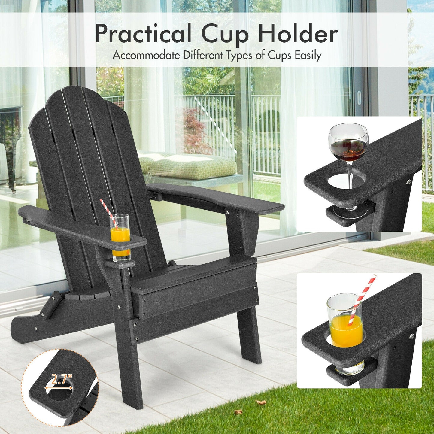 Foldable Weather Resistant Patio Chair, With Cup Holder, Black Adirondack Chairs at Gallery Canada
