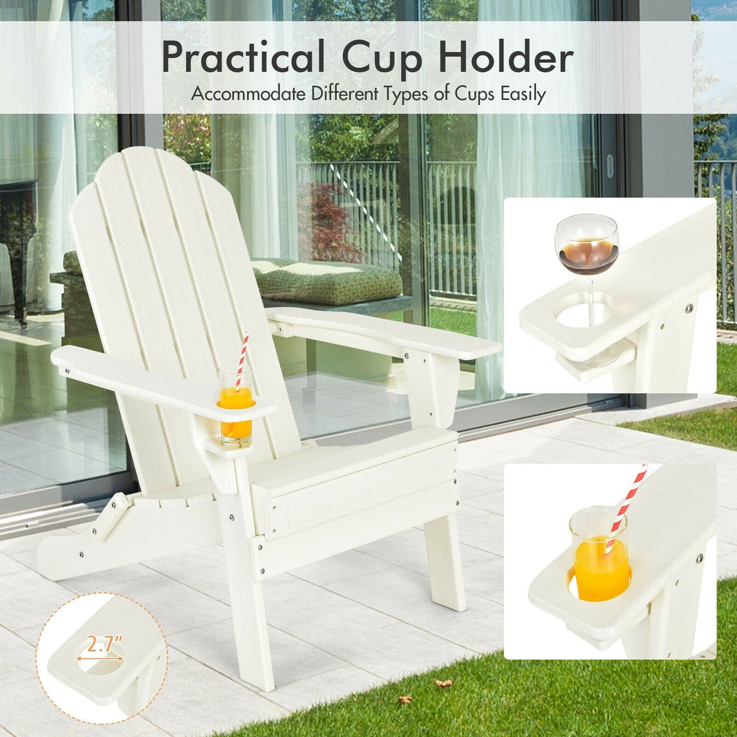 Foldable Weather Resistant Patio Chair with Built-in Cup Holder, White Adirondack Chairs at Gallery Canada