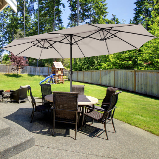15 Feet Twin Patio Umbrella, 48 Solar LED Lights, Beige Outdoor Umbrellas Beige at Gallery Canada