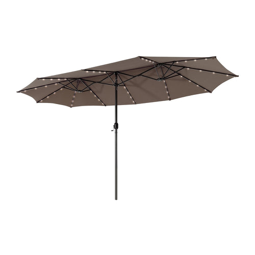 15 Feet Twin Patio Umbrella with 48 Solar LED Lights, Light Brown