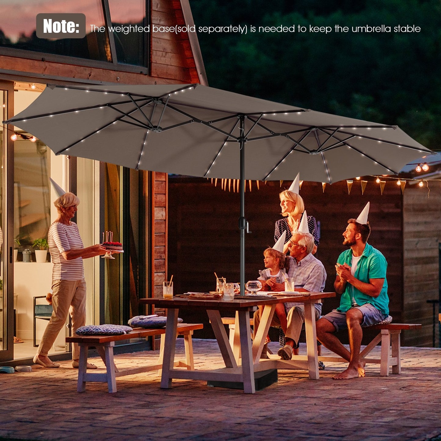 15 Feet Twin Patio Umbrella with 48 Solar LED Lights, Light Brown at Gallery Canada