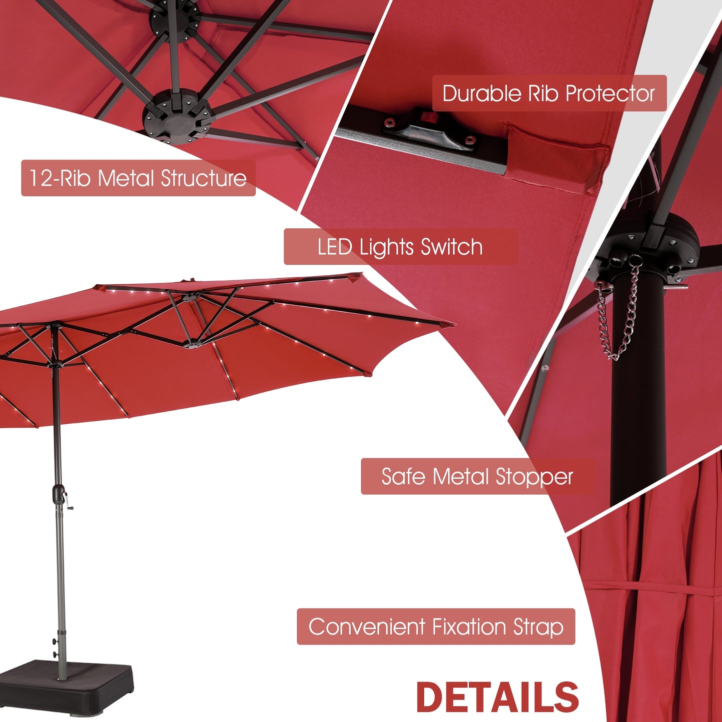 15 Feet Twin Patio Umbrella, 48 Solar LED Lights, Dark Red Outdoor Umbrellas at Gallery Canada