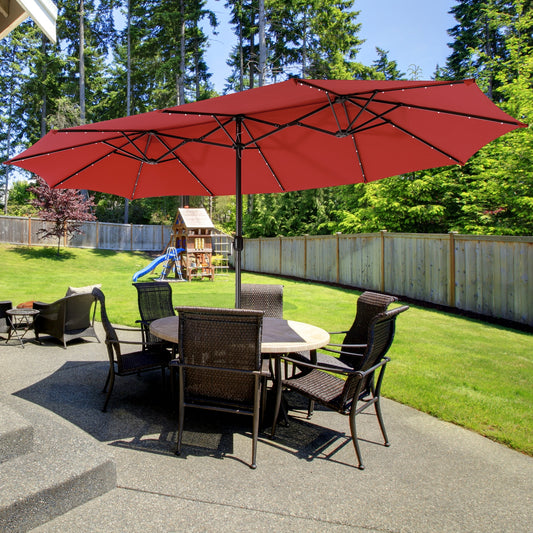 15 Feet Twin Patio Umbrella, 48 Solar LED Lights, Dark Red Outdoor Umbrellas Dark Red at Gallery Canada