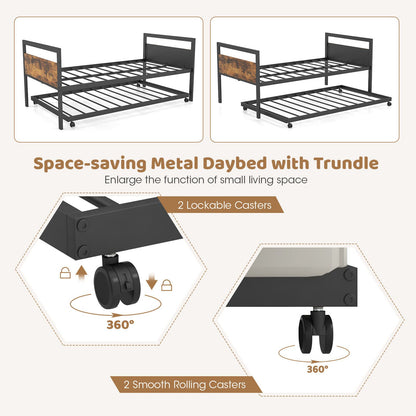 Twin Metal Daybed with Trundle Lockable Wheels-Twin Size, Rustic Brown