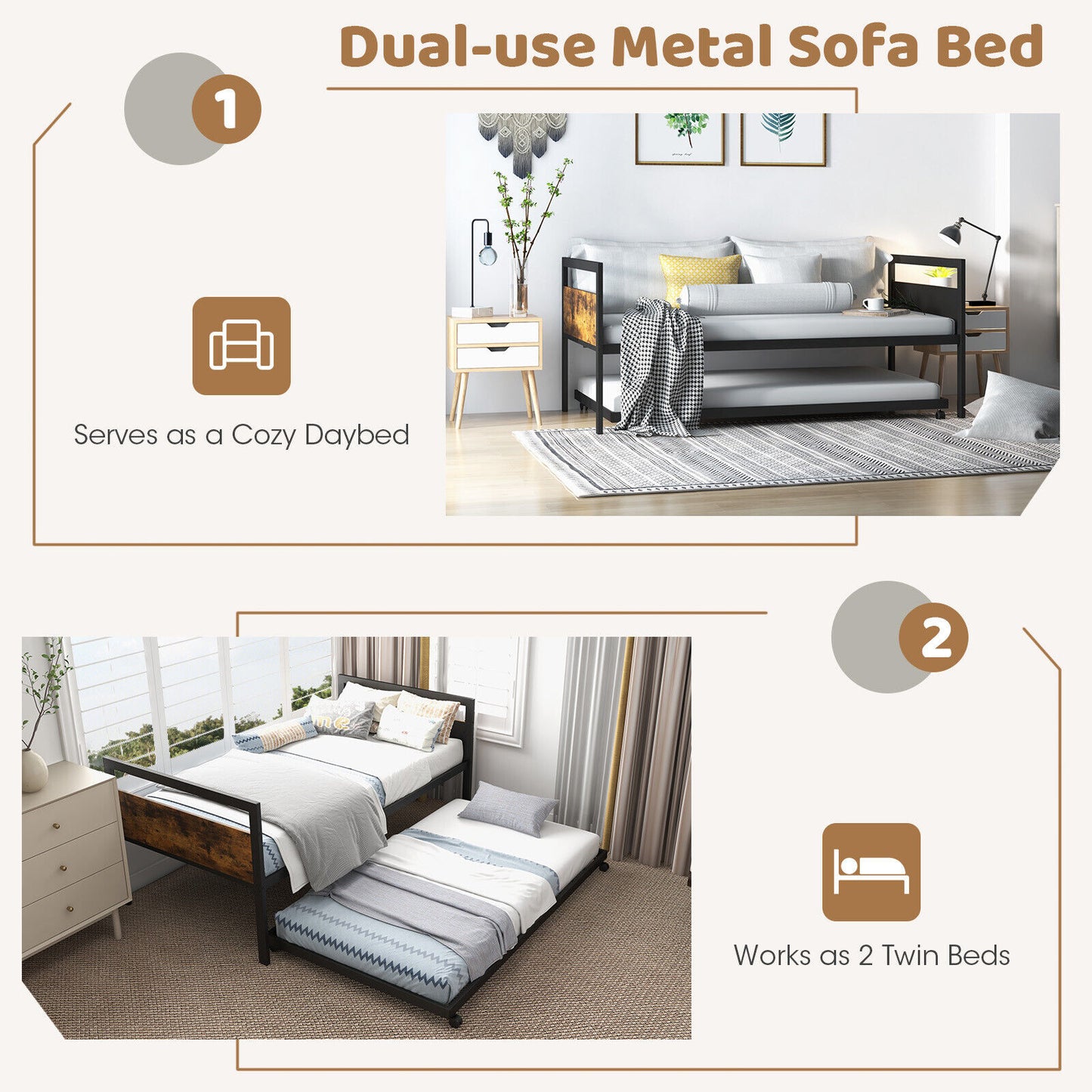 Twin Metal Daybed With Trundle, Lockable Wheels, Rustic Brown Trundle Bed Frame at Gallery Canada