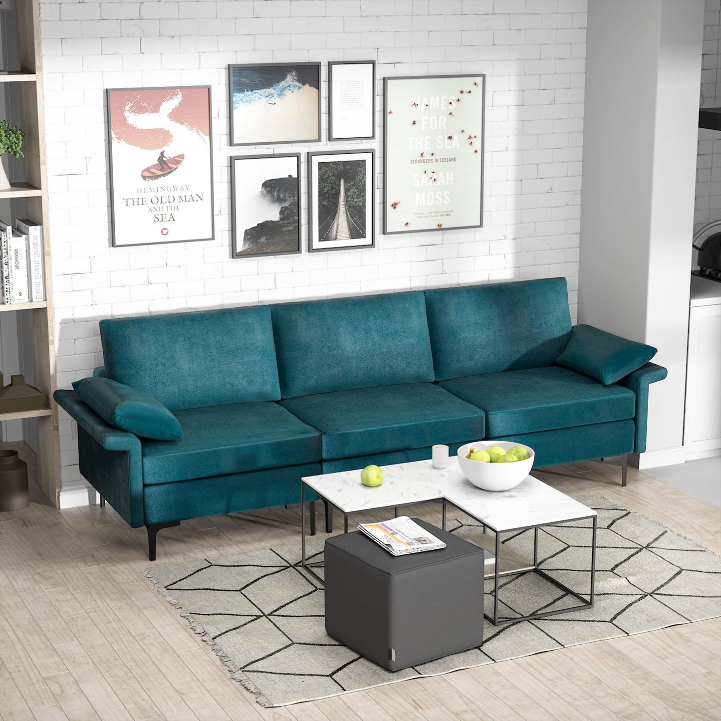 Large 3-Seat Sofa Sectional with Metal Legs and 2 USB Ports for 3-4 people, Turquoise