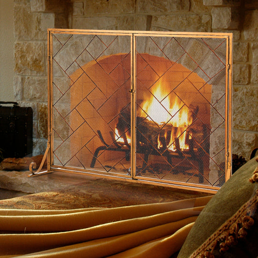 3-Panel Folding Wrought Iron Fireplace Screen with Doors and 4 Pieces Tools Set, Golden Fireplace Tools Golden at Gallery Canada