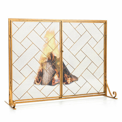 3-Panel Folding Wrought Iron Fireplace Screen with Doors and 4 Pieces Tools Set, Golden at Gallery Canada