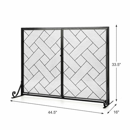 3-Panel Folding Wrought Iron Fireplace Screen with Doors and 4 Pieces Tools Set, Black