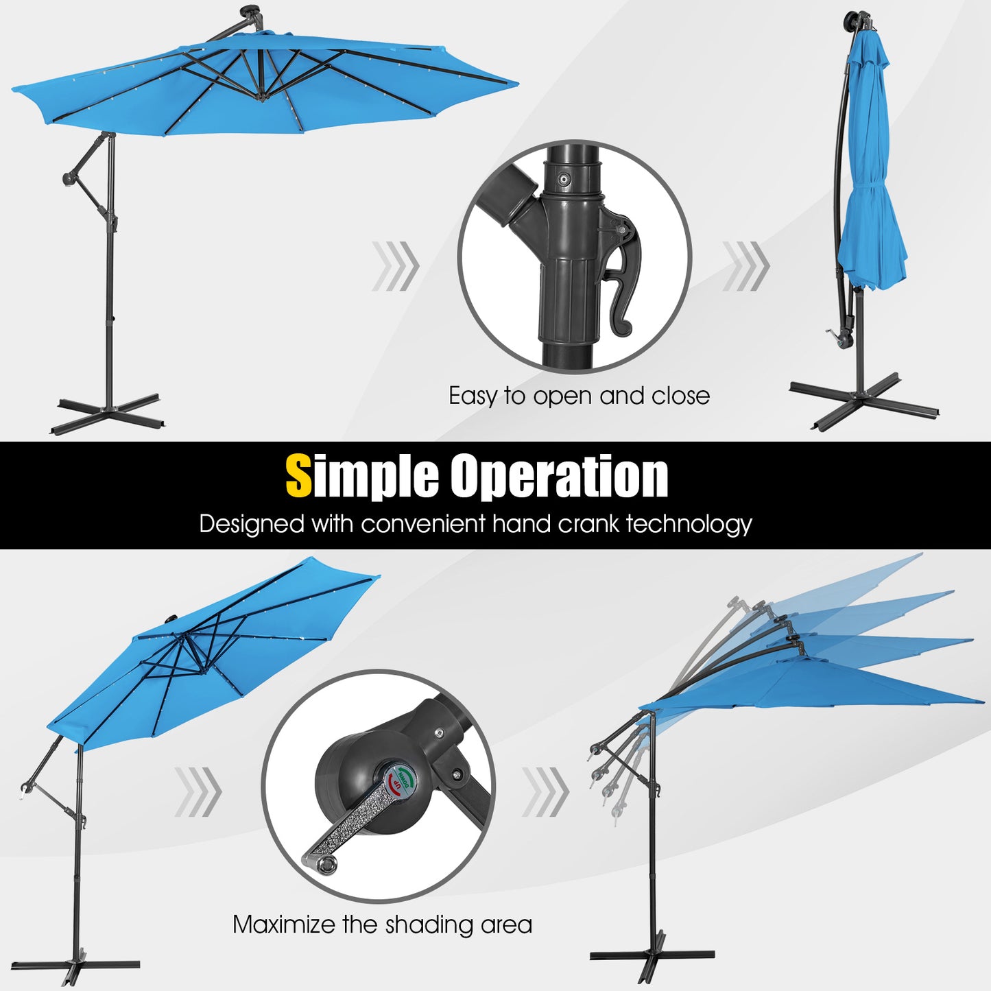 10 Feet Patio Solar Cantilever Umbrella, Tilting System, Blue Outdoor Umbrellas at Gallery Canada