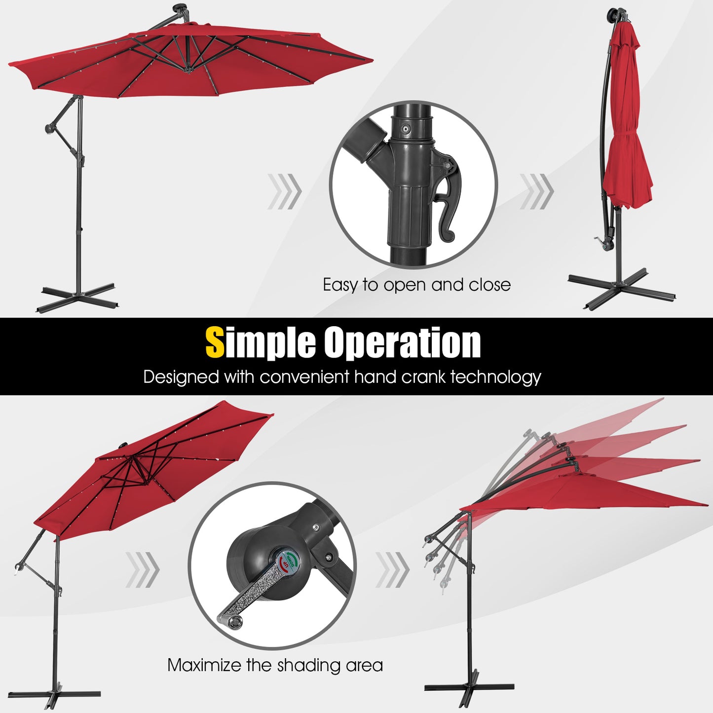 10 Feet Patio Solar Powered Cantilever Umbrella with Tilting System, Red Outdoor Umbrellas at Gallery Canada