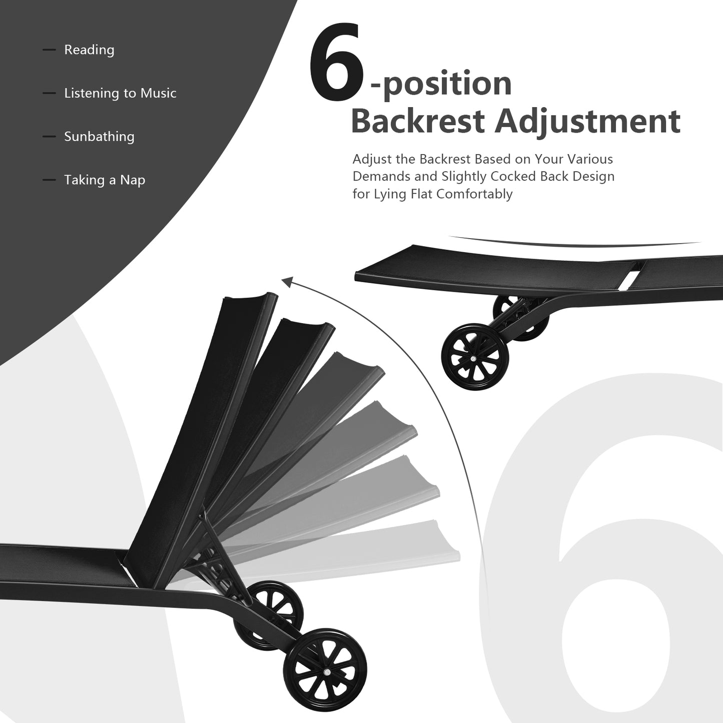 6-Poisition Adjustable Outdoor Chaise Recliner with Wheels, Black Outdoor Chaise Lounges at Gallery Canada