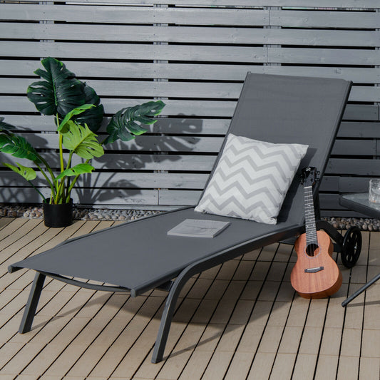 6-Position Adjustable Outdoor Chaise Recliner With Wheels, Gray Outdoor Chaise Lounges Gray at Gallery Canada