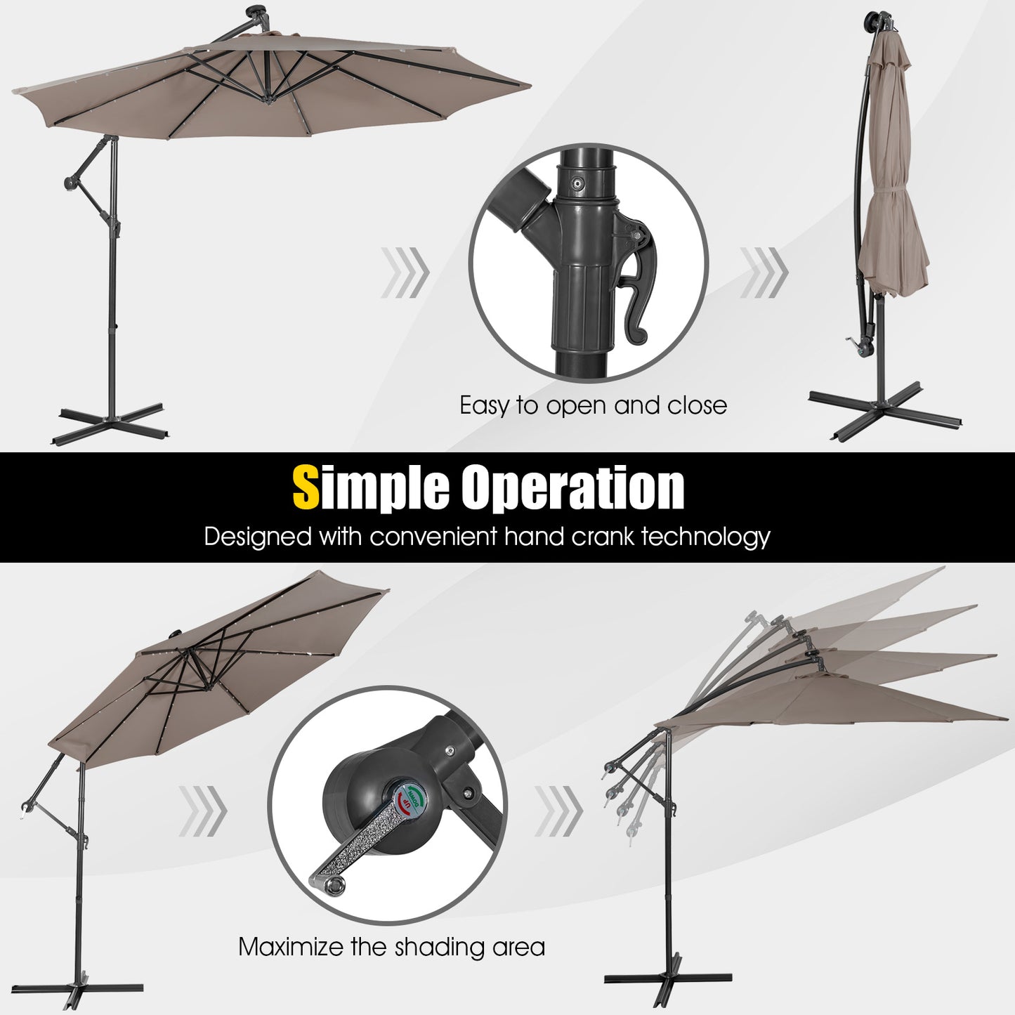 10 Feet Patio Solar Cantilever Umbrella, Tilting System, Brown Outdoor Umbrellas at Gallery Canada