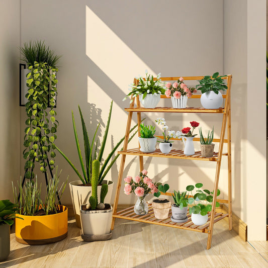 3-Tier Bamboo Foldable Plant Stand with Display Shelf Rack, Natural Plant Stands Natural at Gallery Canada