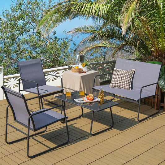 4 Piece Metal Patio Chat Set, Tempered Glass Coffee Table, Gray Patio Conversation Sets Gray at Gallery Canada
