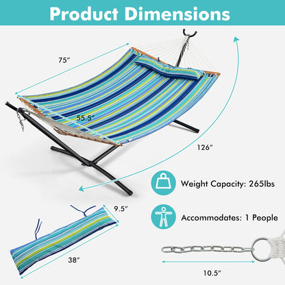 Patio Hammock Foldable Portable Swing Chair Bed with Detachable Pillow, Blue & Green