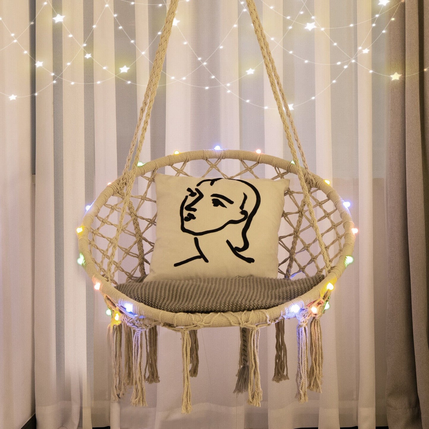 Hammock Chair LED Lights Hanging Swing Indoor Outdoor, Beige