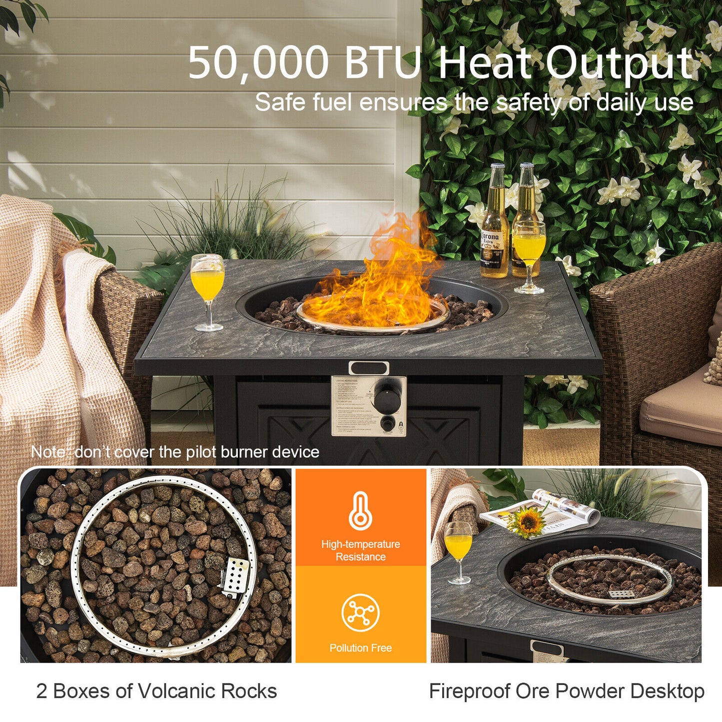 32 Inch Propane Fire Pit Table, Square Tabletop, Lava Rocks, 50000 BTU, Black Fire Pit Tables at Gallery Canada