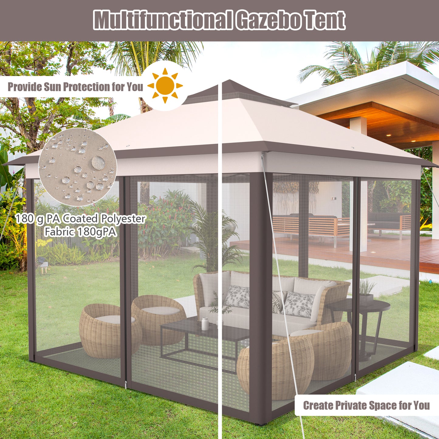 2-Tier 11x11 Feet Pop-Up Gazebo Tent, Portable Canopy Shelter, Beige Gazebos at Gallery Canada