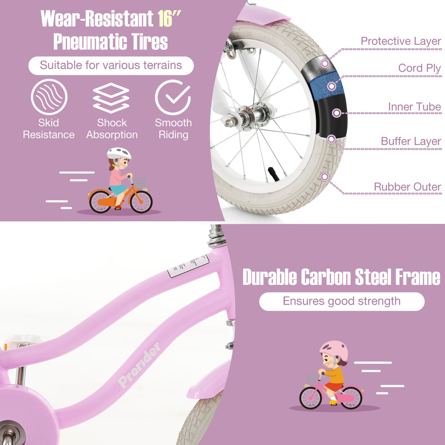 16 Inch Kids Bike, Front Handbrake, Training Wheels, Purple Kids Bike at Gallery Canada