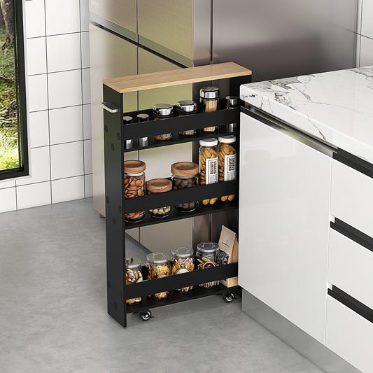 Slim Rolling Kitchen Cart, Mobile Storage Organizer With Handle, Black Kitchen Islands & Carts Black at Gallery Canada