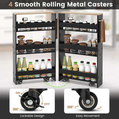 Rolling Kitchen Slim Storage Cart Mobile Shelving Organizer with Handle, Black