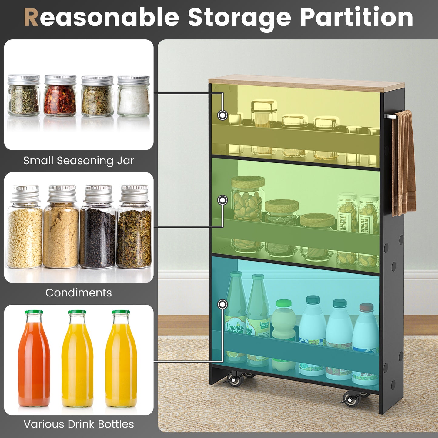 Slim Rolling Kitchen Cart, Mobile Storage Organizer With Handle, Black Kitchen Islands & Carts at Gallery Canada