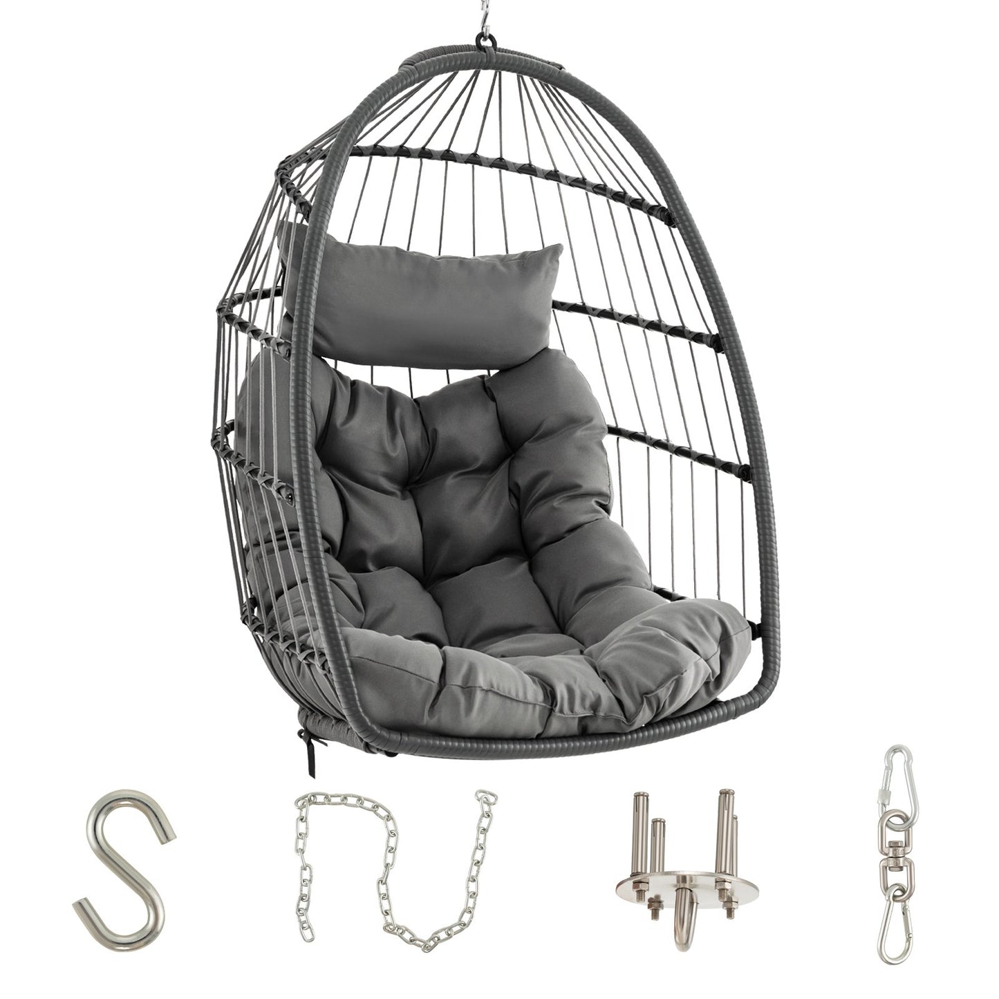 Hanging Egg Chair with Head Pillow and Large Seat Cushion, Gray