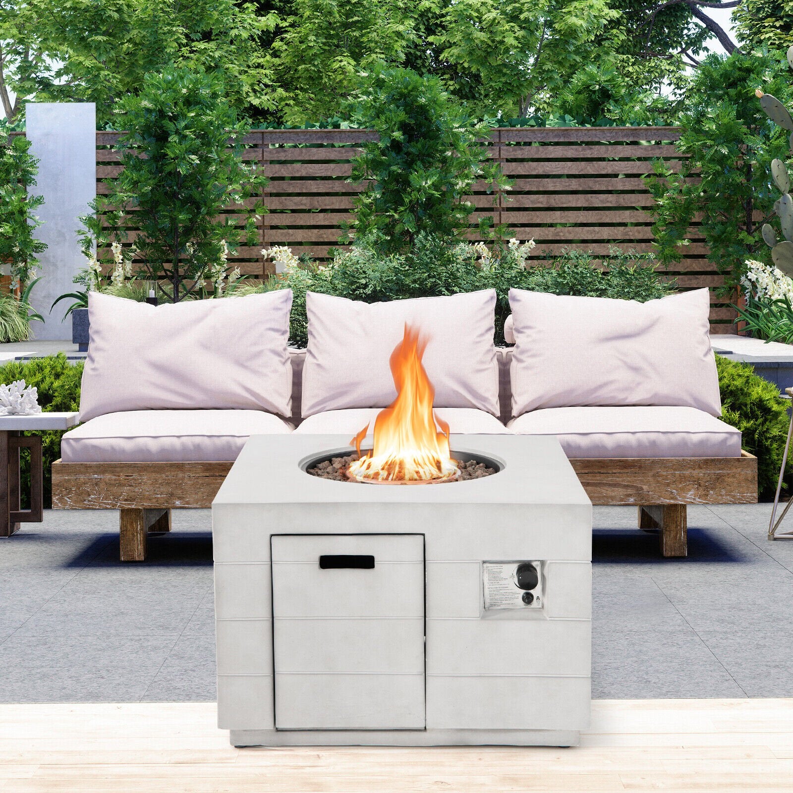 34 Inch Square Concrete Propane Fire Pit Table with Lava Rocks and Cover 50 000 BTU, Gray at Gallery Canada