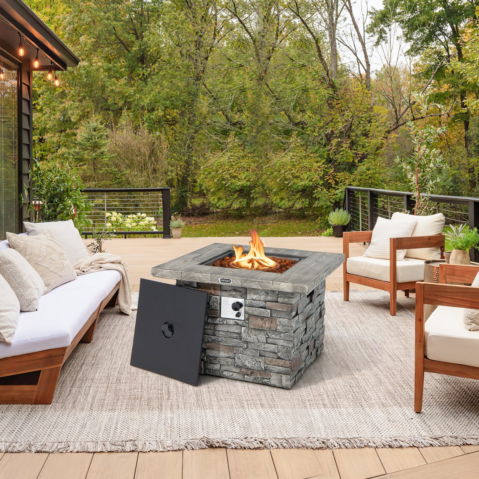 34.5 Inch Square Propane Gas Fire Pit Table with Lava Rock and PVC Cover, Gray at Gallery Canada